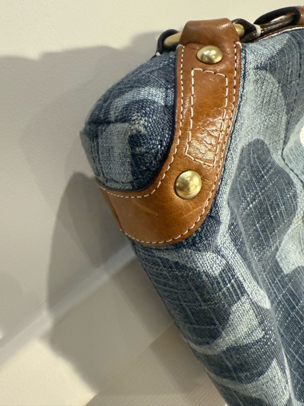 Coach Carly Blue Denim Signature Canvas Shoulder Bag with Brown Leather - Picture 3 of 7